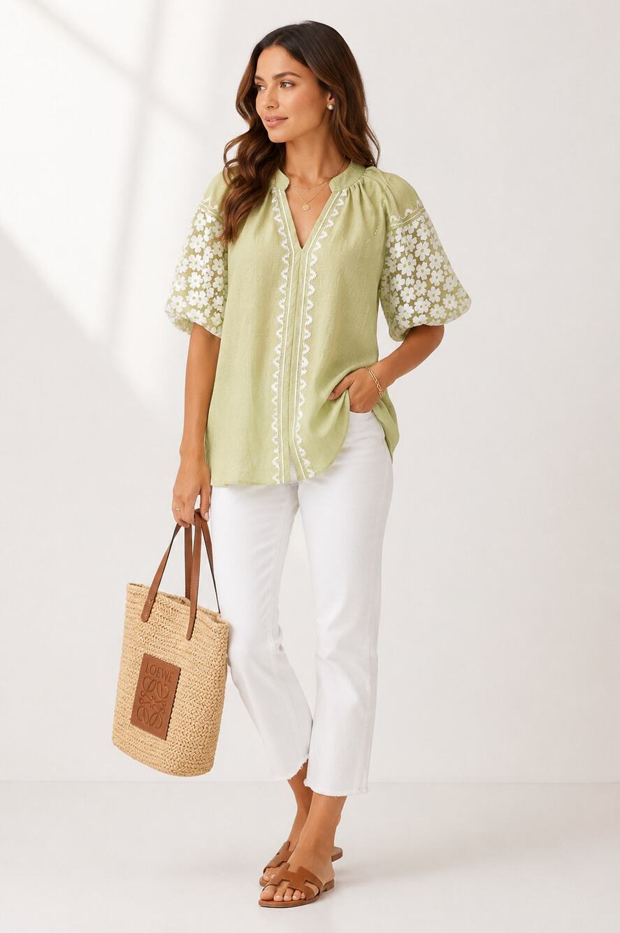 Umgee Sage Green Embroidered Daisy Puff Sleeve Tunic Blouse Small Boho